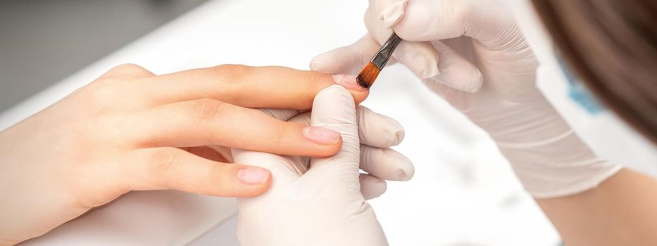 Manicure master is covering female nails with transparent nail polish in a nail salon