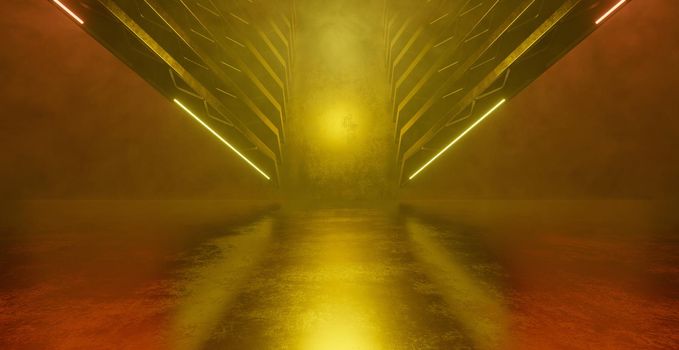 Fantasy Modern Tunnel Corridor Garage Showroom Underground Hall Yellow Brown Abstract Illustration Banner Background Wallpaper 3D Render