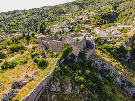 Old city Sunny view of ruins of citadel in Stari Bar town near Bar city, Montenegro. Drone view.