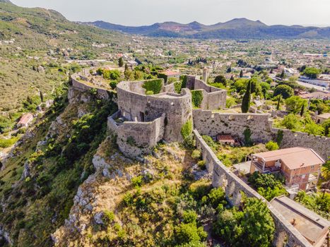 Old city Sunny view of ruins of citadel in Stari Bar town near Bar city, Montenegro. Drone view.