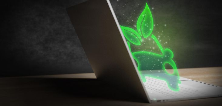 Eco Car EV Concept Icon Glowing Hologram Effect on Laptop 3d Render