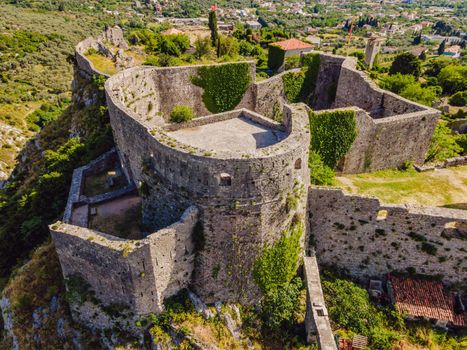 Old city Sunny view of ruins of citadel in Stari Bar town near Bar city, Montenegro. Drone view.