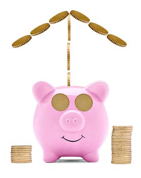 Close up of a pink piggy bank on white background