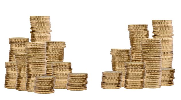 Close up of coins on white background