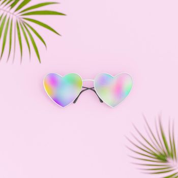 3D rendering top view of trendy colorful mirrored heart shaped sunglasses placed on pink surface near palm tree leaves