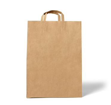 Close up of a borwn paper bag on white background