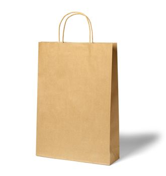 Close up of a borwn paper bag on white background