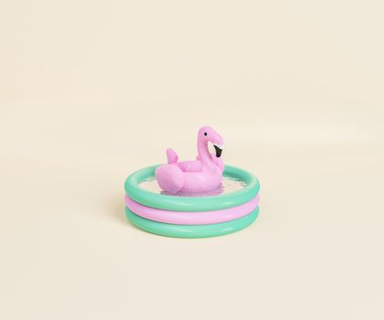 3D rendering of pink inflatable flamingo toy floating in water in small round shaped pool against beige background