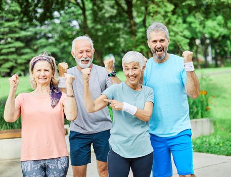 Smiling active senior people posing together in the park