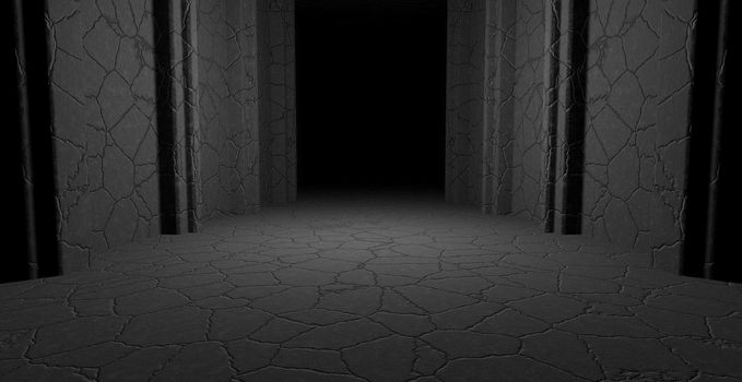 Cyberpunk Industrial Show Stage Track Path Entrance Gate Underground Garage Hall Tunnel Corridor Spotlight Dark Grey Illustrative Banner Background Wallpaper 3D Rendering