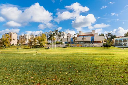 Figueira da Foz, Coimbra, Portugal: October 26, 2020: Exterior view of the CAE arts and entertainment center (Centro de Artes e Espectaculos) on a fall day