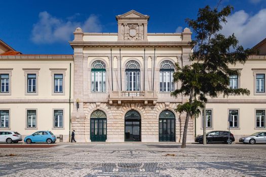 Figueira da Foz, Portugal - October 26, 2020: street atmosphere and architectural detail of the town hall in historic city center on an autumn day