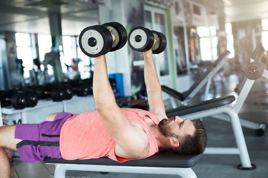Portrait of healthy fit man at the gym exercising lifting weights