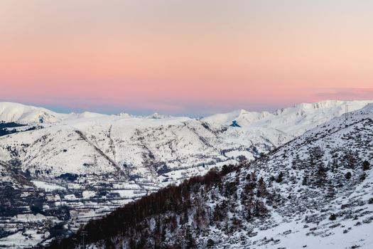 view of the mountains of Saint Lary Soulan, France under the snow in winter