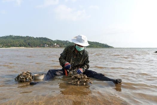 Ko Phangan, Thailand, March 15, 2022: aged woman sitting on the water of the sea searching for clams