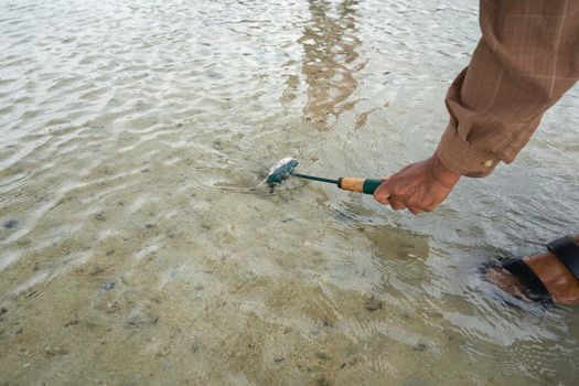 Ko Phangan, Thailand, March 15, 2022: woman removing the sand with a rake to collect clams