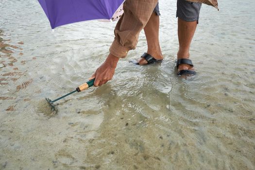 Ko Phangan, Thailand, March 15, 2022: hand of a woman digging on the sand to collect clams