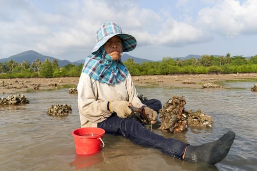 Ko Phangan, Thailand, March 15, 2022: portrait of an aged woman working collecting clams