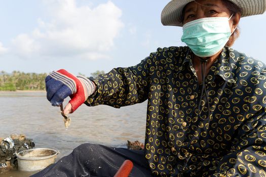 Ko Phangan, Thailand, March 15, 2022: aged woman working to survive on the sea collecting clams