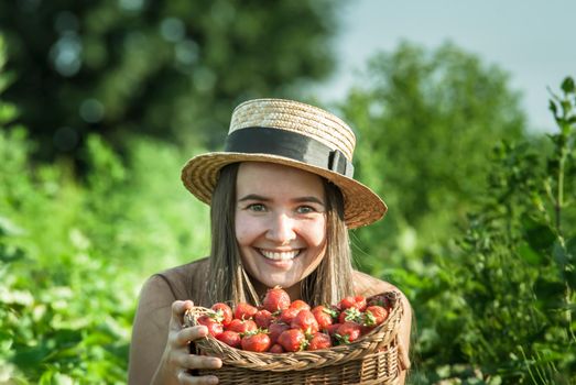 girl in strawberrry field with basket of fresh picked fruits