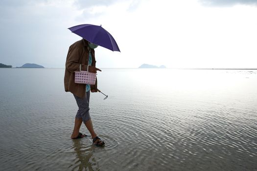 Ko Phangan, Thailand, March 15, 2022: woman with mask collecting clams on the beach to survive