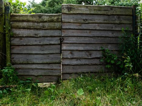 Wicket and fence against green grass. Plank fence in the garden.