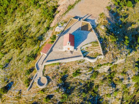 The Church of St. Sava in Montenegro, near the island of Sveti Stefan near Budwa. Drone view. Location: church St. Sava, Montenegro, Balkans, Adriatic sea, Europe.