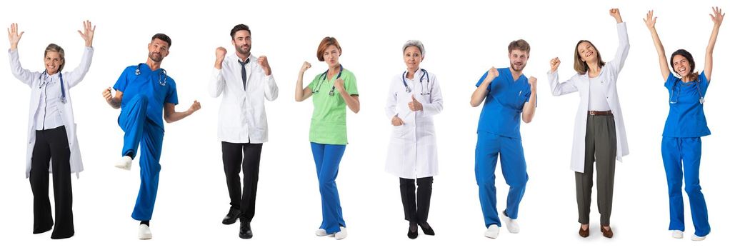 Set collection of full length portraits of happy doctors and nurses medical staff with raised arms and thumbs up isolated on white background
