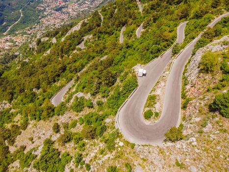 Aerial view on the Old Road serpentine in the national park Lovcen, Montenegro.