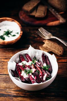 Oven baked beet fries with greek yogurt and dill dressing