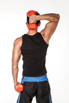Back view portrait of strong athletic man wearing black sportswear standing with dumbbells in hands, having workout for biceps and triceps. Indoor studio shot isolated on white background.