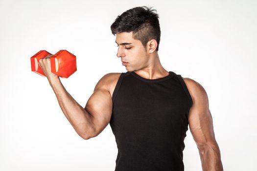 Portrait of young adult brunette sportsman wearing black sleeveless T-shirt raising hand with dumbbell, doing sport exercises for biceps. Indoor studio shot isolated on white background.