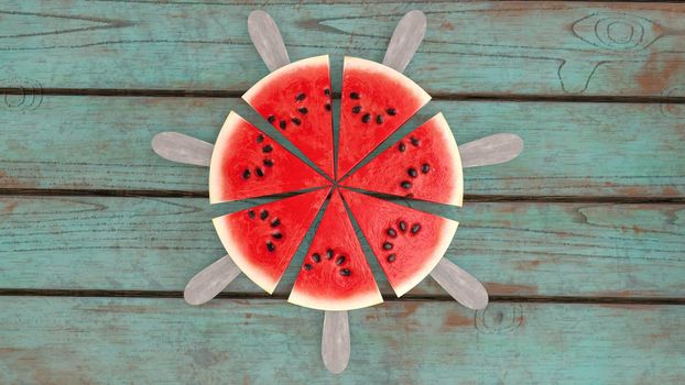 A neatly cut watermelon on a stick against the background of a wooden table 3d-rendering.