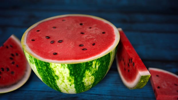 sliced watermelon on a wooden background 3d-rendering.