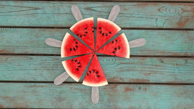A neatly cut watermelon on a stick against the background of a wooden table 3d-rendering.