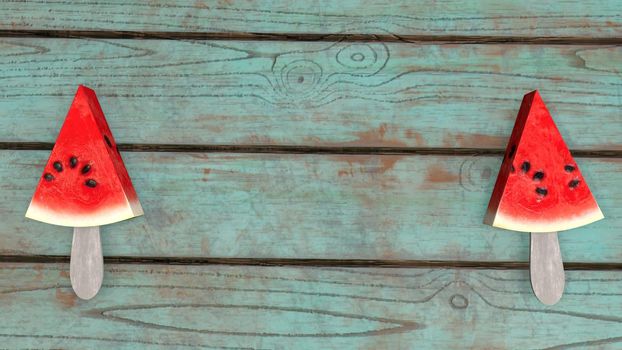 A neatly cut watermelon on a stick against the background of a wooden table 3d-rendering.