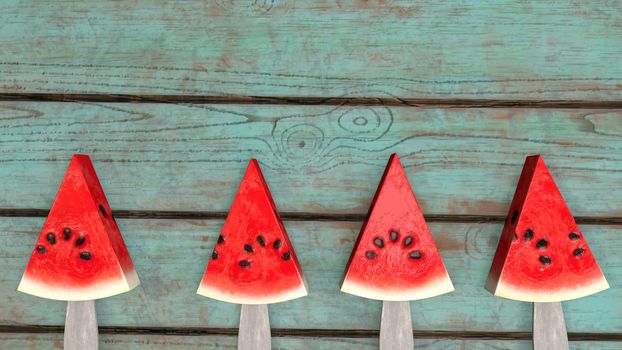 A neatly cut watermelon on a stick against the background of a wooden table 3d-rendering.