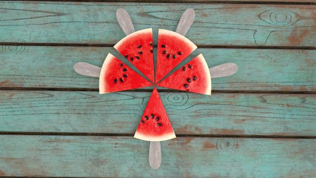 A neatly cut watermelon on a stick against the background of a wooden table 3d-rendering.