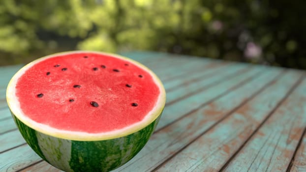 sliced watermelon on a wooden background 3d-rendering.