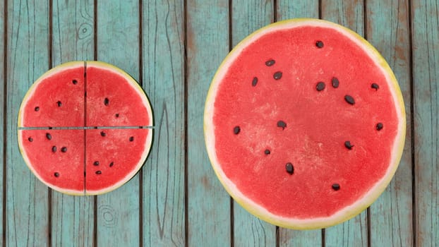 sliced watermelon on a wooden background 3d-rendering.