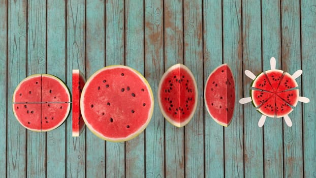 sliced watermelon on a wooden background 3d-rendering.