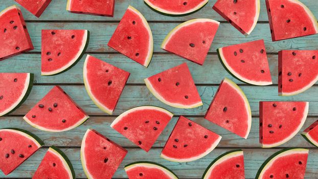 watermelon slice on wooden background. Summer color. 3d-rendering.
