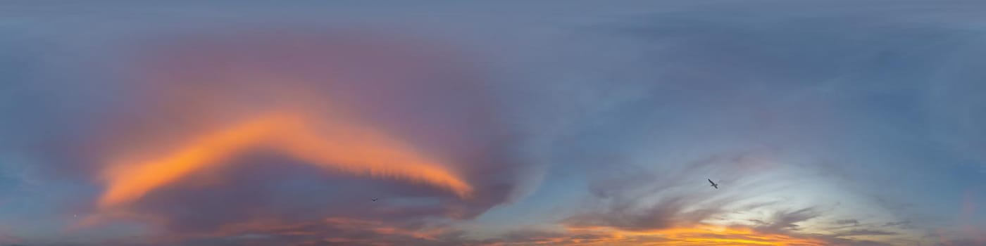 Dark blue sunset sky panorama with pink Cumulus clouds. Seamless hdr 360 pano in spherical equirectangular format. Full zenith for 3D visualization, game, sky replacement for aerial drone panoramas