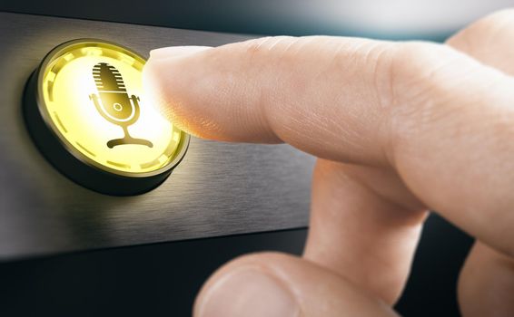 Man pushing a yellow button with microphone icon to start a new podcast or audio recording. Media concept. Composite image between a hand photography and a 3D background.