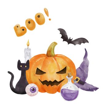 Halloween composition for card. Pumpkin, bat, witch hat and eye. Watercolor illustration isolated on white