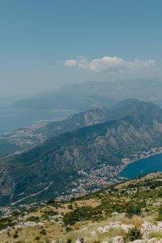 Beautiful nature mountains landscape. Kotor bay, Montenegro. Views of the Boka Bay, with the cities of Kotor and Tivat with the top of the mountain, Montenegro.