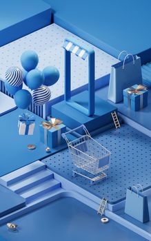 Shopping day activity with cube platform background, 3d rendering. Computer digital drawing.