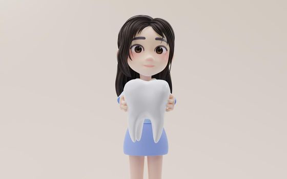 Little girl showing the tooth model with cartoon style, 3d rendering. Computer digital drawing.