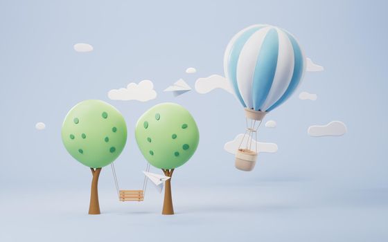 Cartoon hot air balloon with trees scene, 3d rendering. Computer digital drawing.