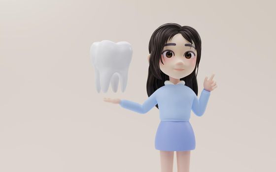 Little girl showing the tooth model with cartoon style, 3d rendering. Computer digital drawing.